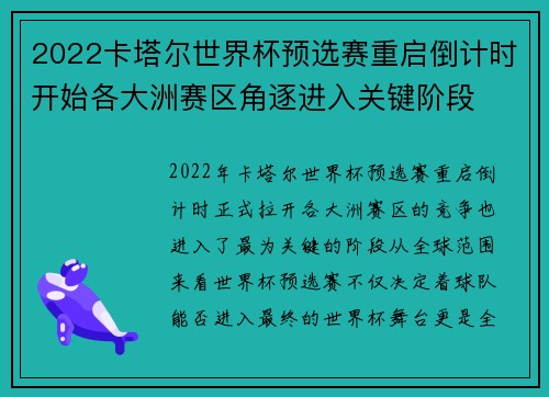 2022卡塔尔世界杯预选赛重启倒计时开始各大洲赛区角逐进入关键阶段