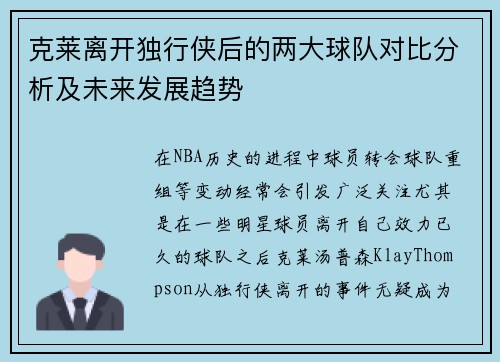克莱离开独行侠后的两大球队对比分析及未来发展趋势
